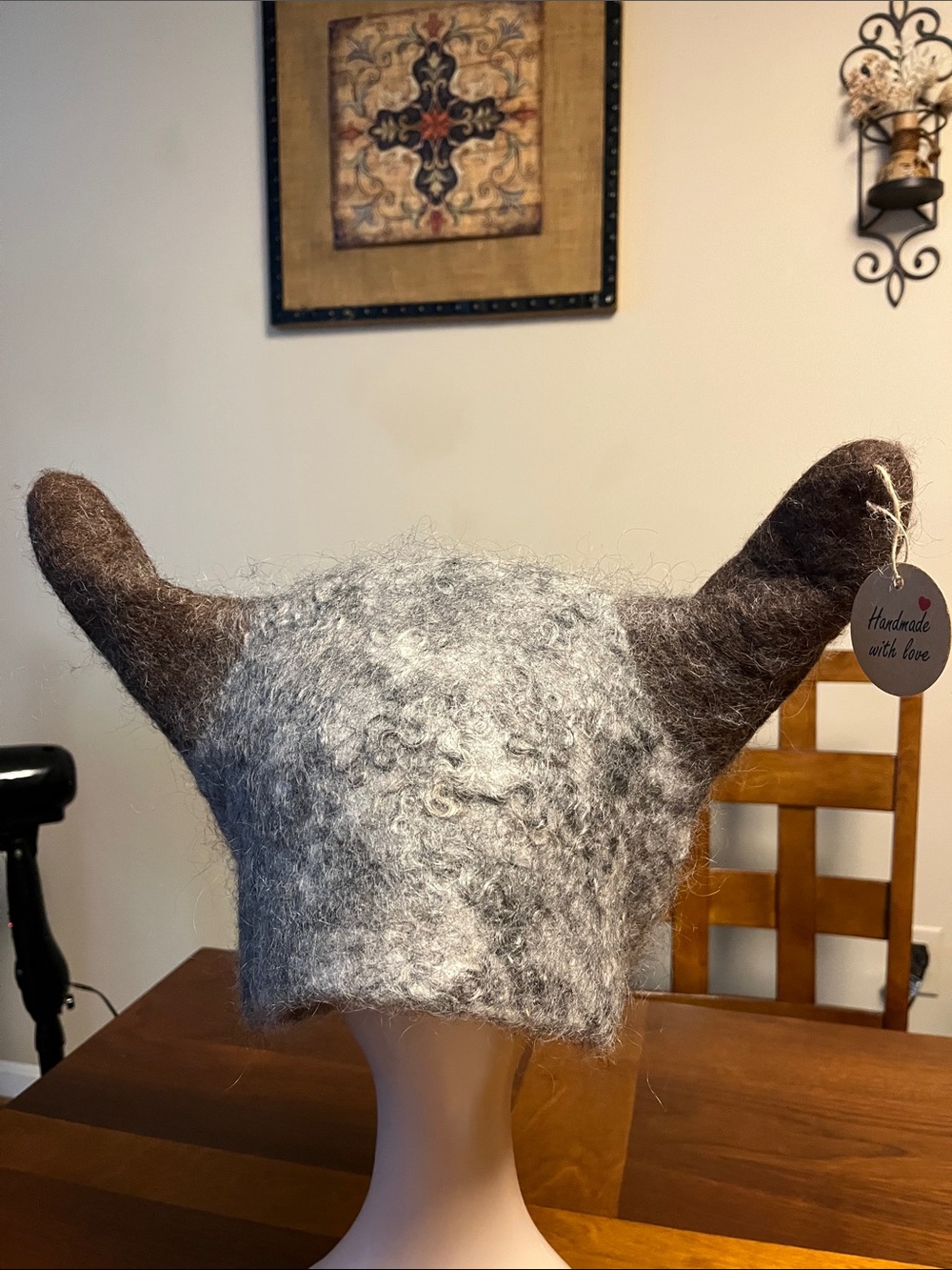 Handmade Grey Wool Viking or goat Hat  sauna handmade felted hat, size large